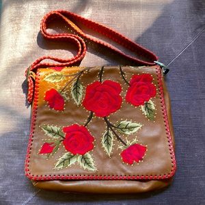 Isabella Fiore Brown Leather Bag Embroidered Roses (Fringe removed)